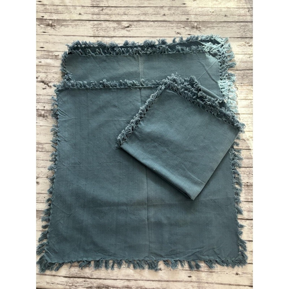 Vntge Napkins Rustic Party Dinner Fringed Fabric Napkins Light Denim Blue Set‎ 4